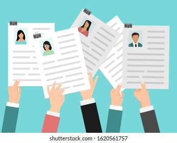 Hands holding cv, resume vector illustration. Job resumes competition concept. Employees hand hold a document. Business career opportunity by urriculum vitae.