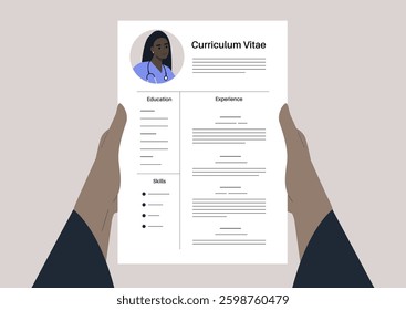Hands holding a CV that creatively outlines education, experience, and skills, highlighting modern design and personal branding in career advancement