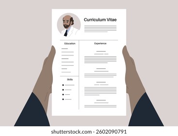 Hands holding a CV that creatively outlines education, experience, and skills, highlighting modern design and personal branding in career advancement