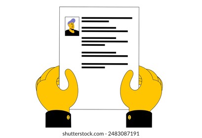 Hands holding a CV. Vector illustration in cartoon style on the topic of properly writing a CV and finding a job.