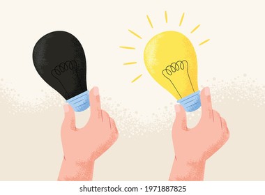 Hands holding dark and bright light bulb. Concept of bright idea, thinking, creative idea, sign ideas brilliant lightbulb inventions, business or marketing idea. Flat vector illustration.