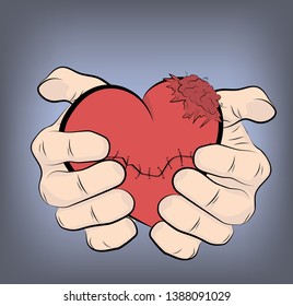 hands holding a darned heart. vector illustration.