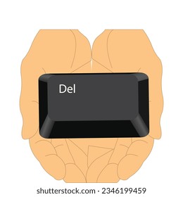 Hands holding the del button key from a keyboard