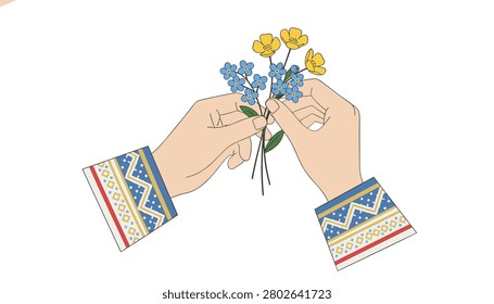 Hands holding a delicate bouquet of blue forgetmenots and yellow buttercups with patterned sleeves showcasing spring floral appreciation and human connection.