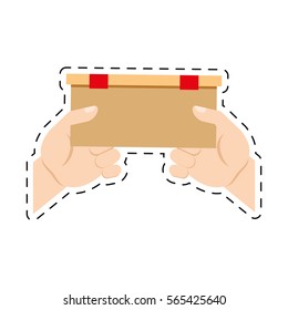 hands holding delivery box ribbon cut line vector illlustration eps 10