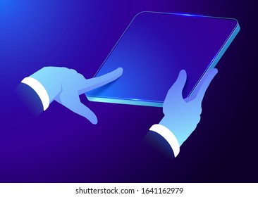 Hands holding device. Digital technology concept. Isometric vector illustration