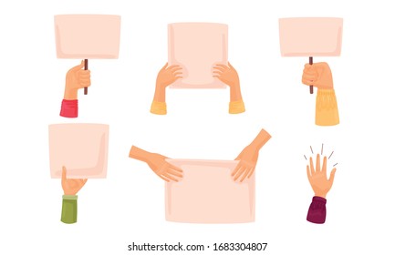 Hands Holding Different Banners and Billboards Protesting Against Something Vector Set