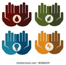 Hands holding different concepts - blood, leaf, lightbulb, thunder