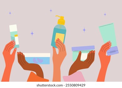 Hands holding different cosmetic products. Skincare set. Flat vector art.