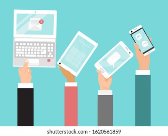 Hands holding different devices vector illustration. Business internet communications by laptop, mobile phone and tablet.