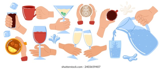 Hands holding different drinks and beverages. Water, tea, coffee, cocoa, soda, wine, champagne, martini. Water drops, ice cubes and splash. Vector illustration in doodle style 