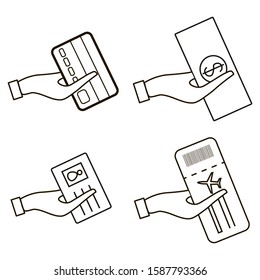 Hands holding different elements. Credit card, money, id card and airline ticket. Design objects for web, banners, poster, ui. Vector icons set isolated on white background.