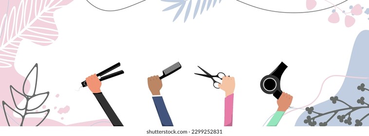 Hands holding different hairdressing tools. Hairdressing business concept.
