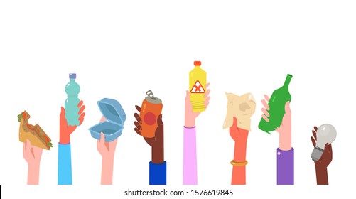 Hands holding different kind of trash.
Waste sorting, Sorting waste for recycling, garbage sorting.
Modern flat vector illustration.
