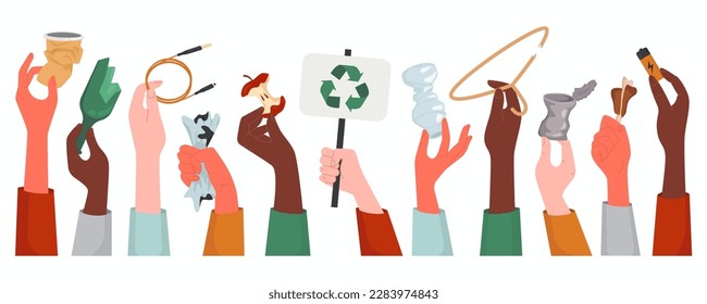 Hands holding different kind of trash flat icons set. Rubbish recycling. Steel, plastic and glass bottle. Litters sorting. Fingers holds food waste. Color isolated illustrations