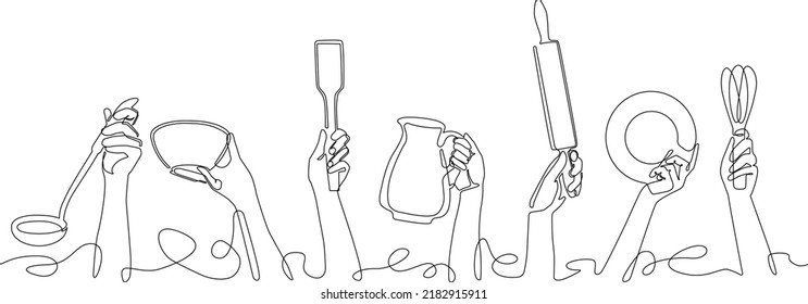 Hands Holding different Kitchen Utensils. Cooking Background. Restaurant poster. Vector illustration.