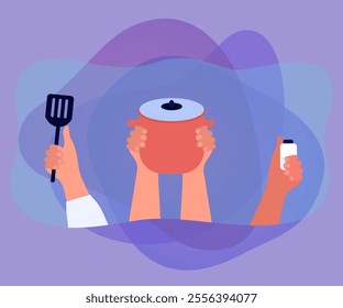 Hands holding different kitchen utensils. Hands of people with spatula, pot and seasoning or spice bottle flat vector illustration. Kitchenware, cooking concept for banner or landing web page