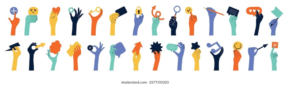 Hands holding. Different objects in human hands ribbons speech bubbles hearts gestures flags and stars recent vector illustration set