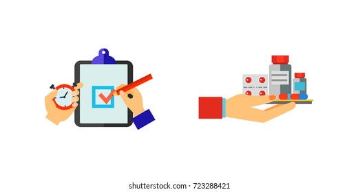 Hands holding different objects icon set