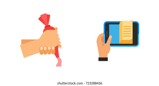 Hands holding different objects icon set