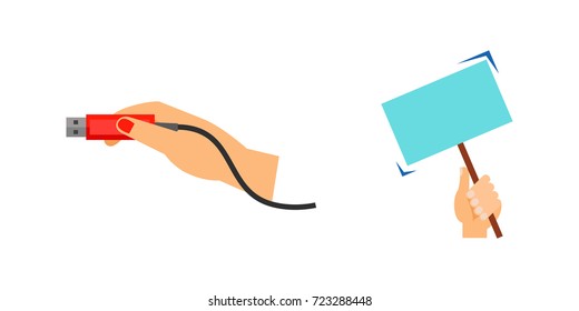 Hands holding different objects icon set