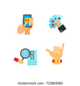 Hands holding different objects icon set