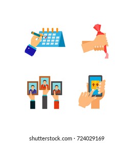 Hands holding different objects icon set