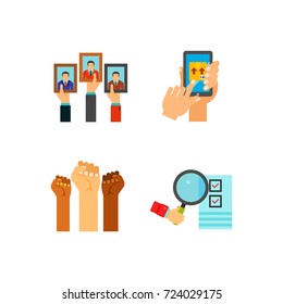 Hands holding different objects icon set