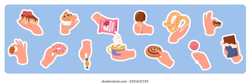 Manos con diferentes etiquetas de postres dulces. Persona con pasteles, helados, donut, galletas, barra de chocolate, langostinos, pastelería. Captura de imágenes vectoriales planas 