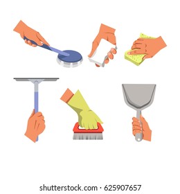 Hands holding different tools for cleaning on white background