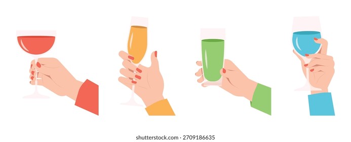 Hands holding holding different types of champagne drink beverages glasses, new year parties, toast, nightlife, and social gatherings set illustration