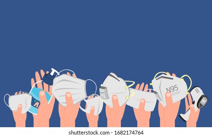 Hands holding different types of face mask amd medical equipment on blue background, prevent the spread of viruses. Flat design