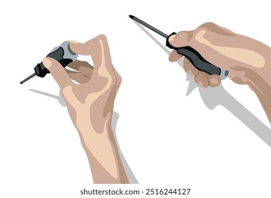 A hands holding in different way screwdrivers.