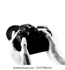 Mãos segurando uma câmera digital pronta para fotografar em estilo de meio-tom. Ilustração monocromática mínima isolada sobre fundo branco, conceito de fotografia, criatividade, criação de conteúdo e narrativa visual.