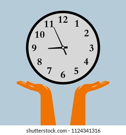 Hands holding digital clock, isolated on gray background.	