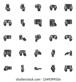 Hands holding digital devices vector icons set, modern solid symbol collection, filled style pictogram pack. Signs, logo illustration. Set includes icons as using gadgets touch screen, game console