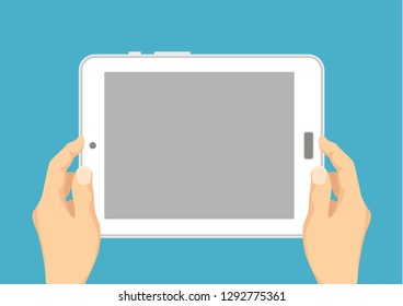 Hands holding Digital tablet with blank empty screen. White pc computer. Vector illustration in flat style.
