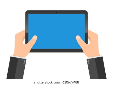 Hands holding digital tablet with blank screen. Vector illustration. Modern tablet PC with blue screen in the hands isolated.