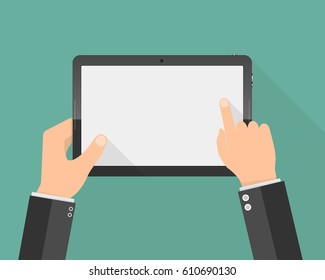 Hands holding digital tablet with blank screen. Vector illustration. Modern tablet PC with touch screen in the hands.