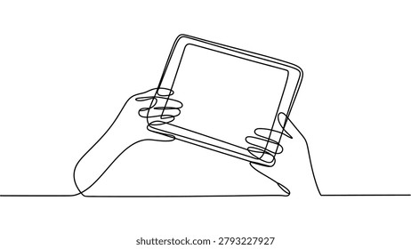 hands holding digital tablet continuous one line drawing mobile technology online communication touchscreen device and modern connectivity vector illustration