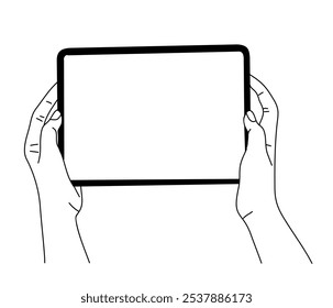 Hands holding digital tablet with empty screen. Gadget mockup. Ink sketch style outline hand drawn vector illustration isolated on white background.