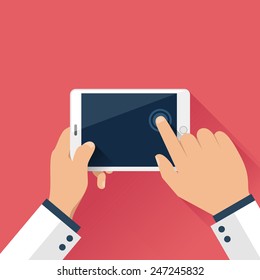 Hands holding digital tablet in flat design style
