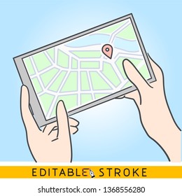 The hands holding digital tablet with map and GPS pointer. Concept of navigation by travel marker. Easy editable stroke line vector. Hand drawn doodle comic icon.