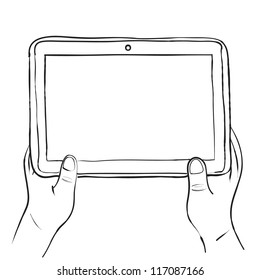 Dibujo vectorial de tableta digital con manos