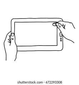 Hands holding digital tablet pc - vector illustration sketch hand drawn with black lines, isolated on white background