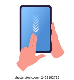 Hands holding digital tablet. Screen touch hand gesture, person using tablet, swipe hand sign flat vector illustration. Man working with gadget
