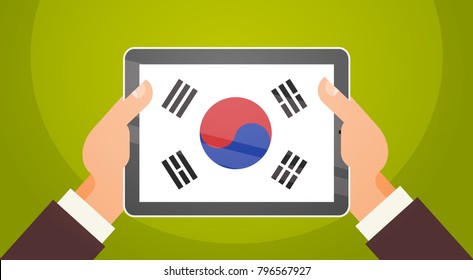 Hands Holding Digital Tablet With South Korea Flag Image Vector Illustration