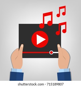 Hands holding digital video player. Vector flat illustration.