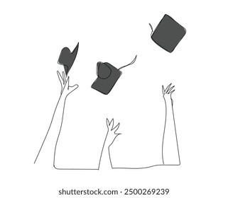 Hands holding diploma graduation. 
 Happy graduate students hands throwing graduation caps. Silhouette high achievements. Graduation event. Modern vector illustration concept