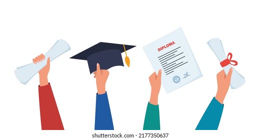 Hands holding diplomas, graduation cap and certificates. Celebrating graduate from college, university. Vector illustration